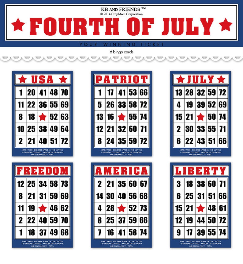 Fourth of July Bingo Cards for Crafts / printable, patriotic bingo cards / USA red, white & blue cards / two sizes / scrapbook ephemera image 2