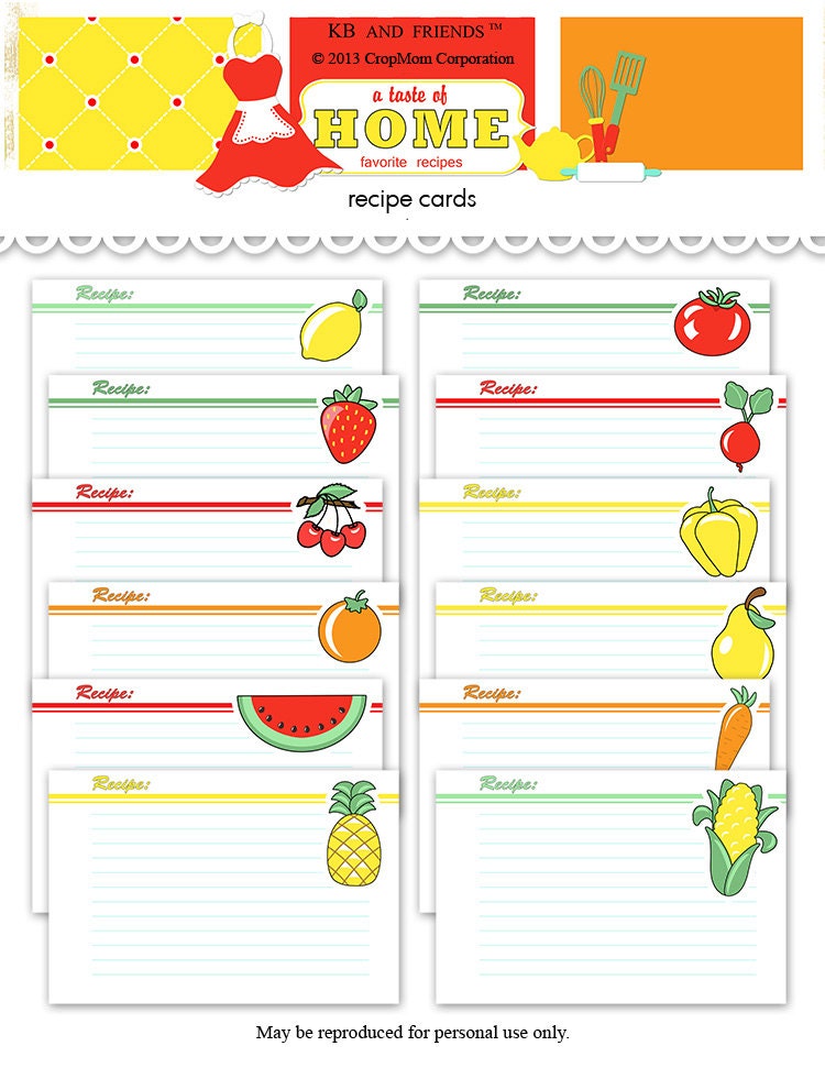 Digital kitschy retro recipe cards / 4" by 6" / vegetables …