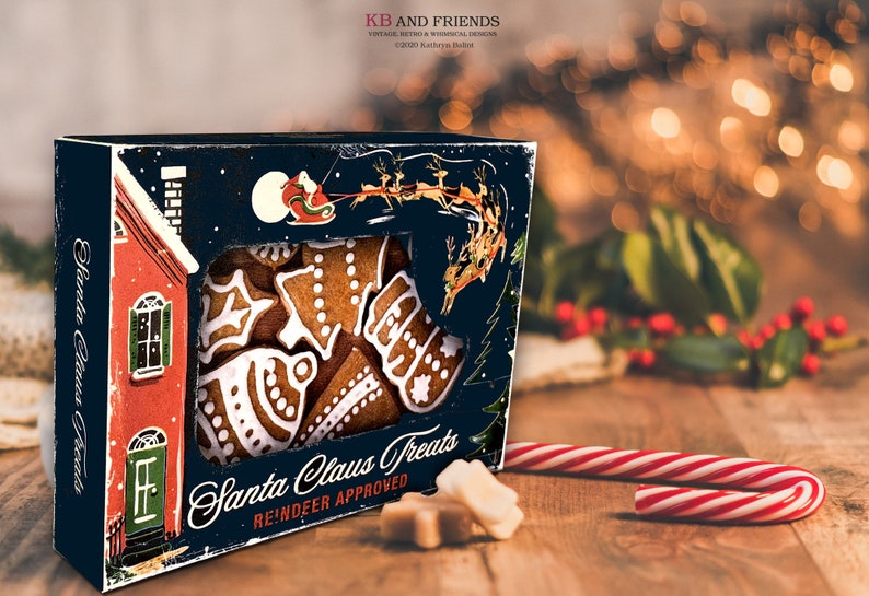 May include: A festive box of gingerbread cookies labeled "Santa Claus Treats" with a reindeer-approved message. The box features a red house illustration and a night sky scene with Santa's sleigh. A candy cane and star-shaped candies are also visible.