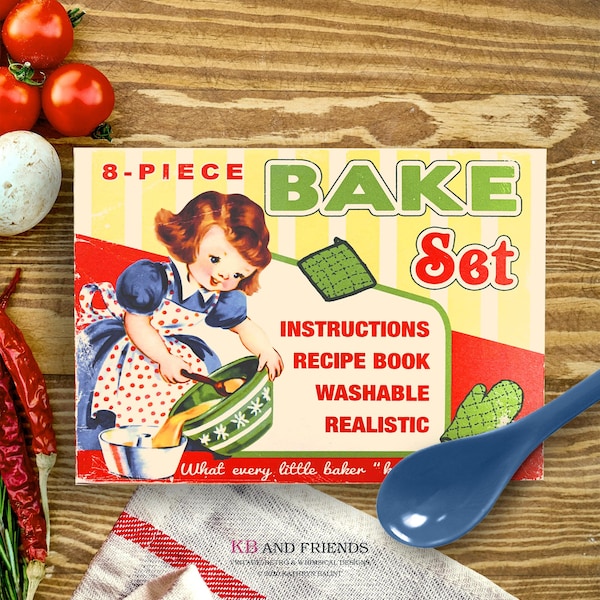 Printable Bake Set Box featuring a Retro Girl in a Kitchen / 5" X 7" X 1.25" make-it-yourself box for kitchen gifts, candy, recipe holder