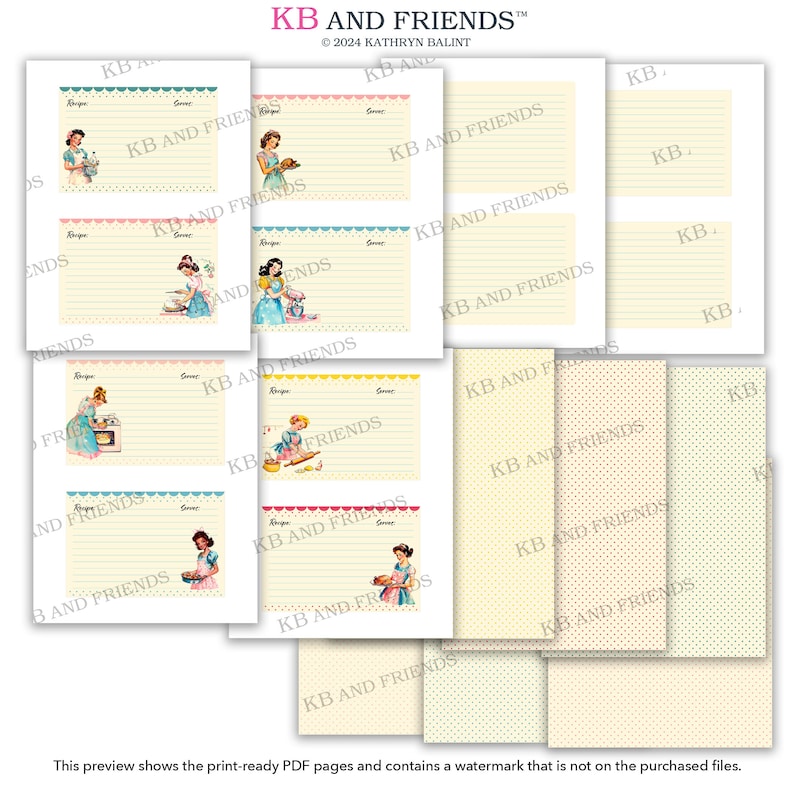 Puede incluir: Tarjetas de recetas imprimibles con un dise&ntilde;o vintage que presenta ilustraciones de mujeres horneando. Las tarjetas tienen un fondo amarillo con bordes festoneados azules, rosas y amarillos. Las tarjetas tienen un &aacute;rea rayada para escribir recetas y un espacio para el nombre de la receta. Las tarjetas tambi&eacute;n tienen un espacio para el tama&ntilde;o de la porci&oacute;n. Las tarjetas tienen el texto "KB and Friends".