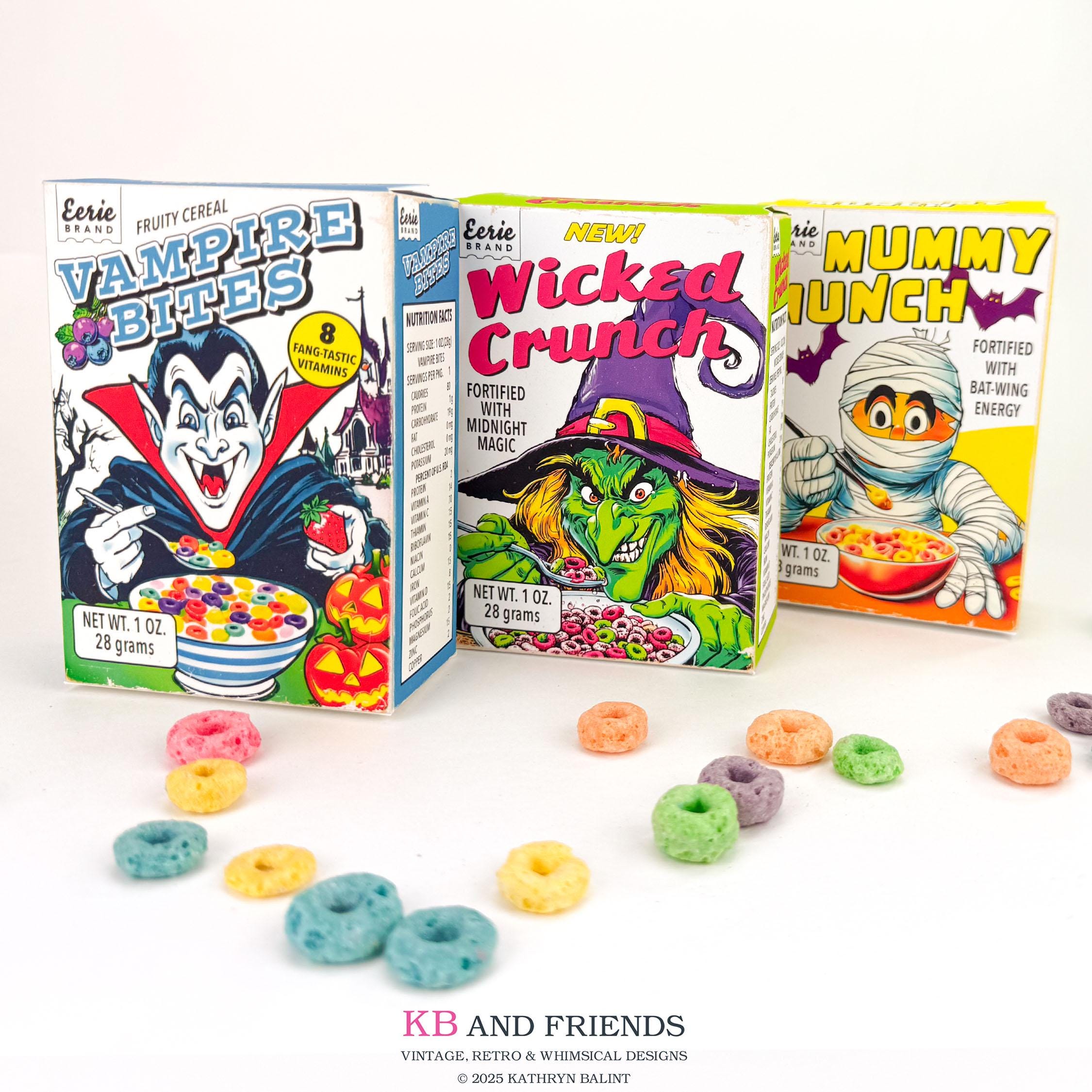 1970s Style Halloween Cereal Treat Boxes: Witch, Vampire, Mummy