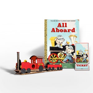 May include: A red toy train with a yellow and black engine and three boxcars. The train is in front of a vintage children's book titled "All Aboard" with a picture of two teddy bears on a train. A ticket with the word "Ticket" is on the right side of the image.