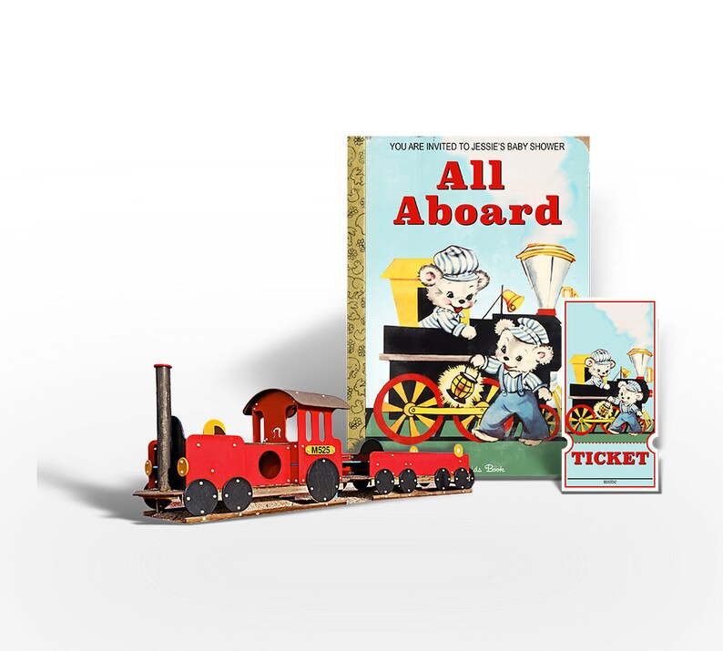 May include: A red toy train with a yellow and black engine and three boxcars. The train is in front of a vintage children's book titled "All Aboard" with a picture of two teddy bears on a train. A ticket with the word "Ticket" is on the right side of the image.