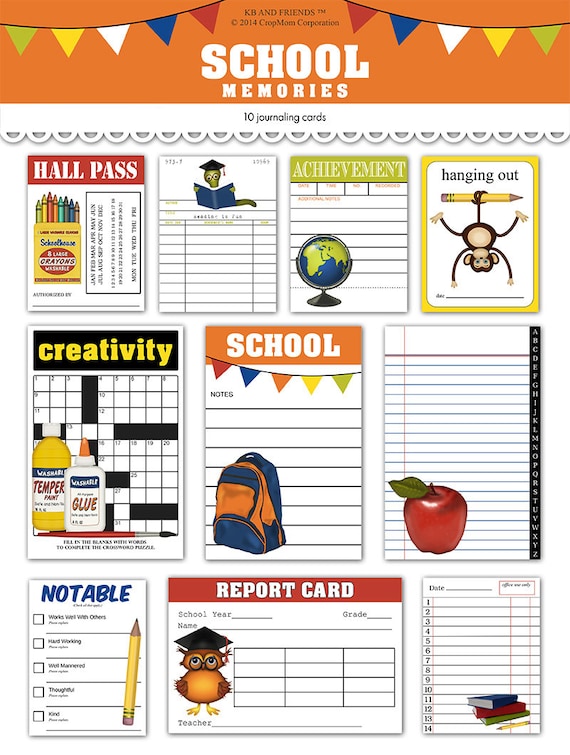 School Journaling Cards: Printable Scrapbooking  (Digital Download)