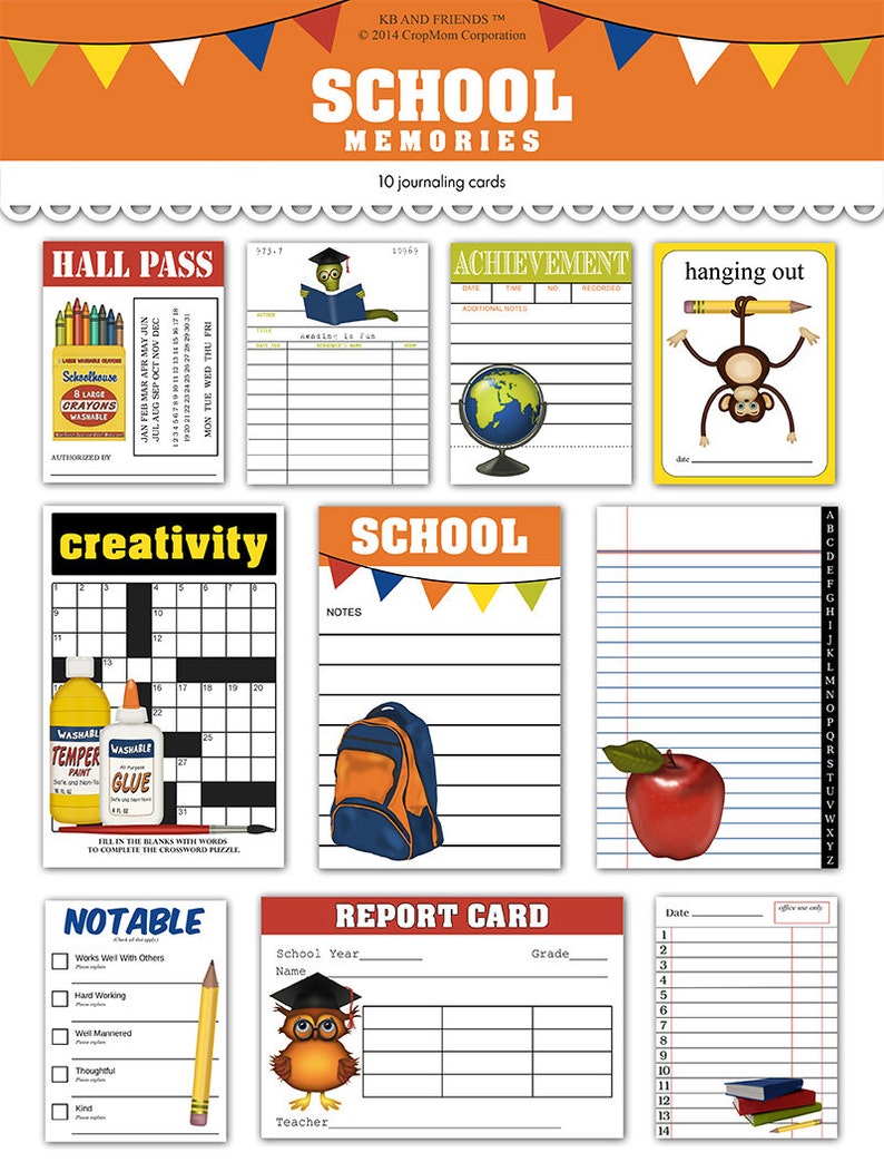May include: A set of 10 printable journaling cards with a school theme. The cards feature various illustrations including a graduation cap, a globe, a monkey, a backpack, an apple, an owl, and a pencil. The cards also include text such as 'Hall Pass', 'Achievement', 'Hanging Out', 'Creativity', 'School', 'Notable', 'Report Card', and 'Date'. The cards are designed to be used as a fun and creative way to document school memories.