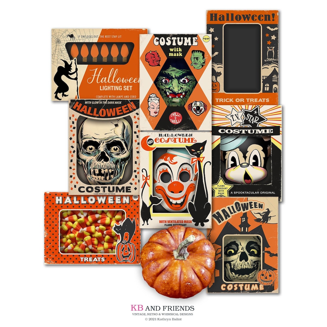 Printable Vintage Halloween Box Top Cards / 8 Digital