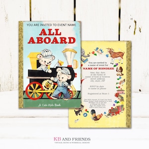 May include: A vintage-style invitation card with a yellow background and a picture of two teddy bears on a train. The text "You are invited to EVENT NAME ALL ABOARD A Cute Kids Book" is printed on the card.