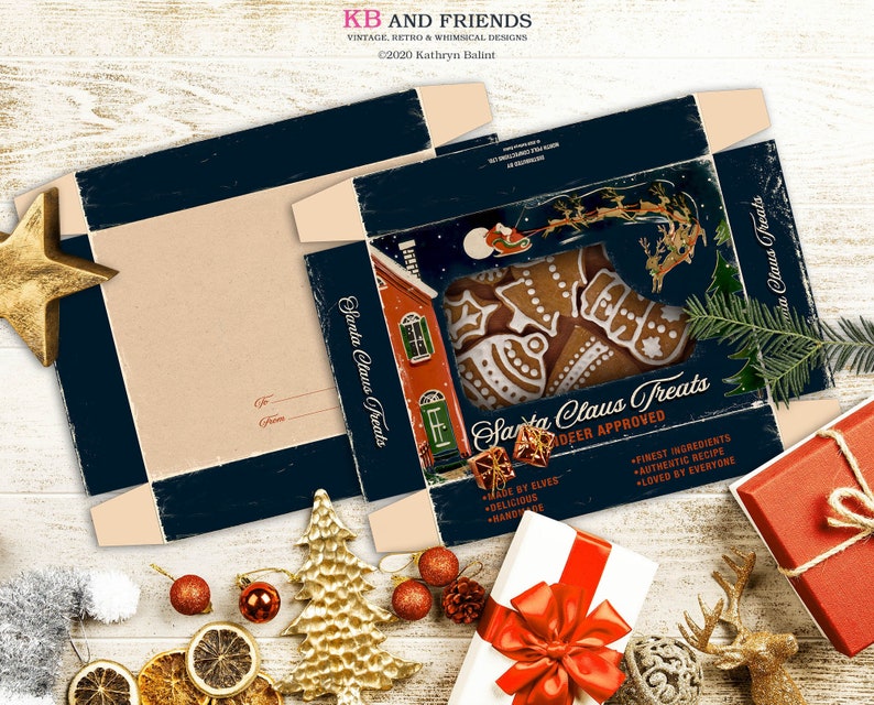 May include: An open Santa Claus Treats box with gingerbread cookies inside. The box is navy blue with a festive design, including a red house, Santa's sleigh, and text that reads "Santa Claus Treats". The box is surrounded by Christmas decorations.