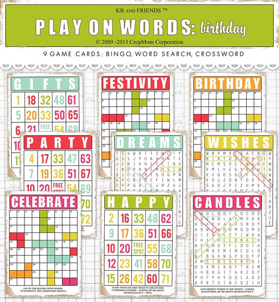 Birthday game cards: printable decorative bingo, crosswords, word searches  ephemera (digital download) - etsy ireland