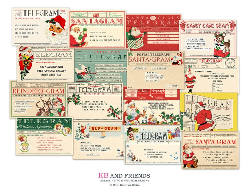 Op de afbeelding: Een verzameling vintage kersttelegrammen met afbeeldingen van de kerstman, rendieren, elven en andere feestelijke beelden. De telegrammen zijn gedrukt op gekleurd papier met feestelijke ontwerpen en bevatten berichten van kerstvreugde.