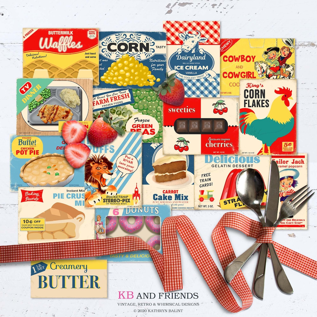 Printable Retro Food Box Tops / 16 Printable Cards, 2 Sizes / Vintage ...