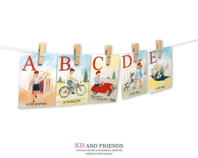 Printable vintage children ABC flashcards / 5 x 7 / digital image 0