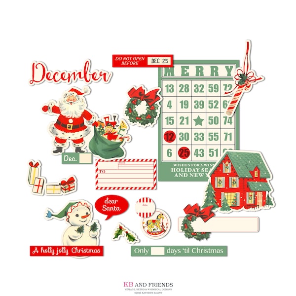 Printable Christmas Scrapbook  Digital Die-Cut Embellishments with vintage style Santa, retro snowman for paper crafts / JPEGs, PDF, PNGs