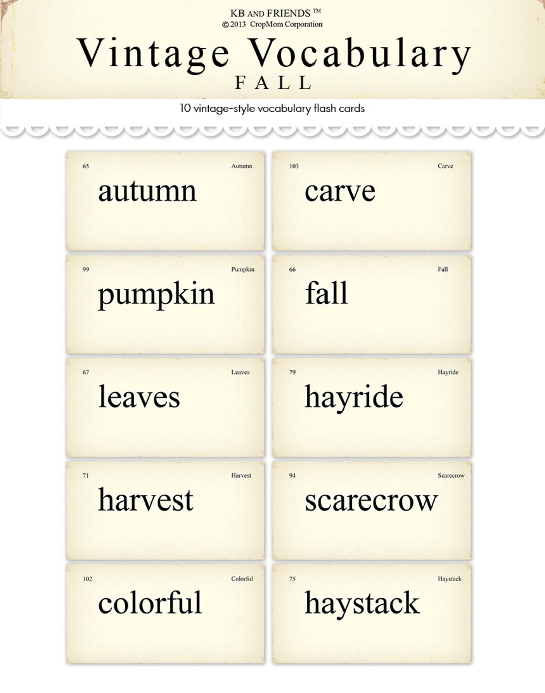 Printable Autumn and Fall Flash Cards: Vintage Style Vocabulary ...