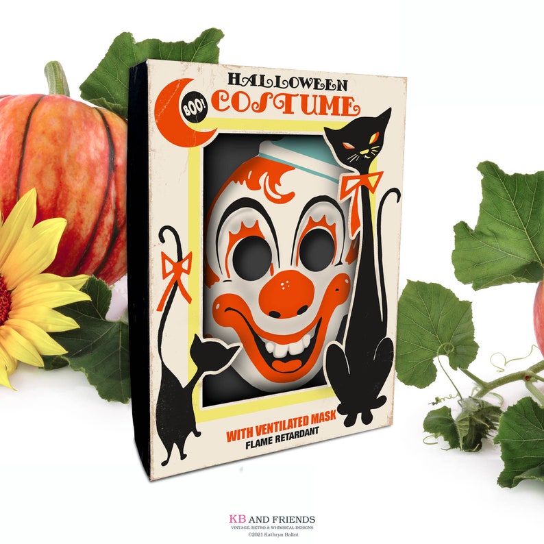 Printable Vintage Halloween Cat Costume Box with clown mask / digital 5' by 7' by 1.25' box template for candy, gifts, crafts, shadowbox 