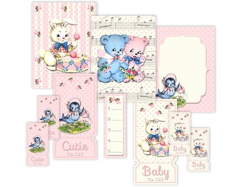 Shabby chic baby animals tickets, tags, cards, vintage style /  printable collage sheet / digital scrapbook embellishments / various sizes