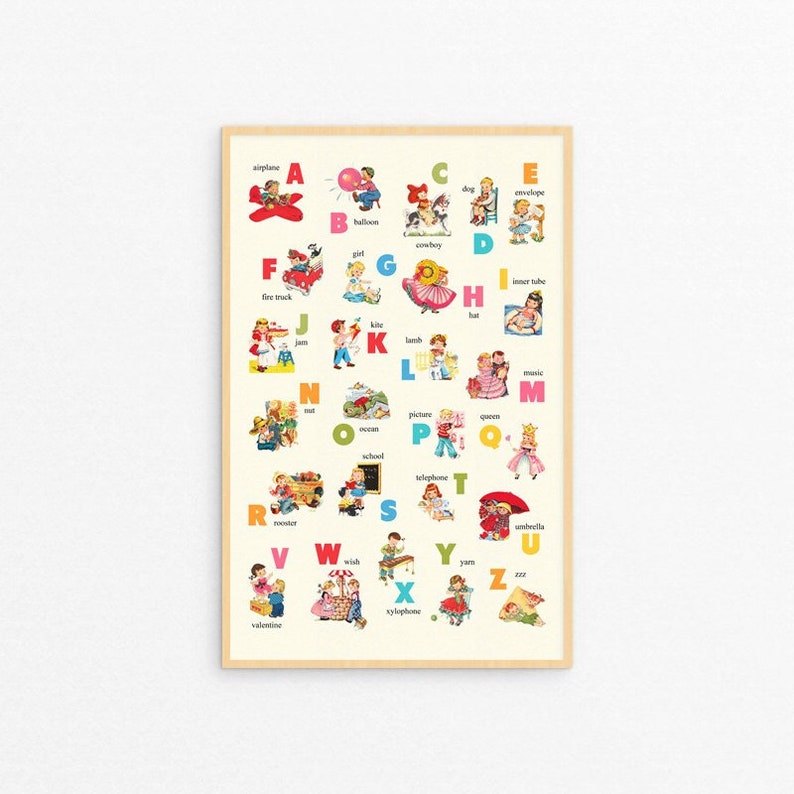 Digital retro children ABC poster / nursery wall art printable instant download / print it yourself / vintage images of boys and girls image 1