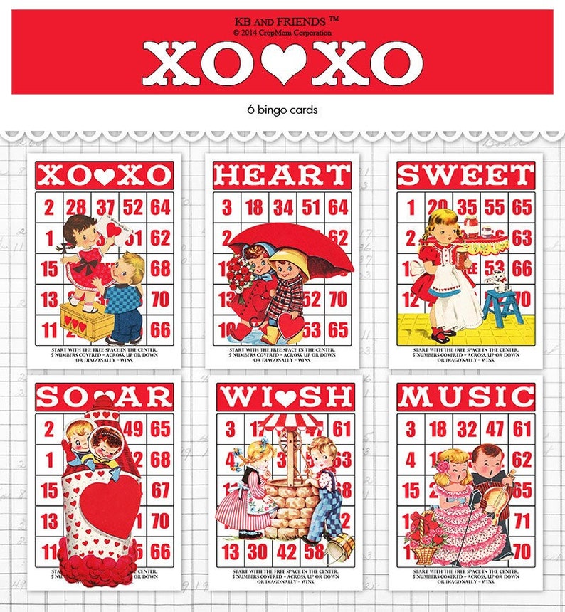 Digital Retro Decorative Valentine Bingo Cards for Scrapbook & Crafts / vintage children ephemera cards / printable / two sizes image 1