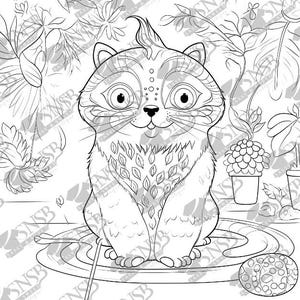 May include: A black and white illustration of a stylized cat with large eyes and decorative patterns. The cat is sitting in a garden setting, surrounded by plants and a patterned ball.