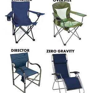 Puede incluir: Cuatro tipos diferentes de sillas plegables: est&aacute;ndar, de gran tama&ntilde;o, de director y de gravedad cero. Las sillas est&aacute;n hechas de metal y tela y est&aacute;n disponibles en azul y verde.