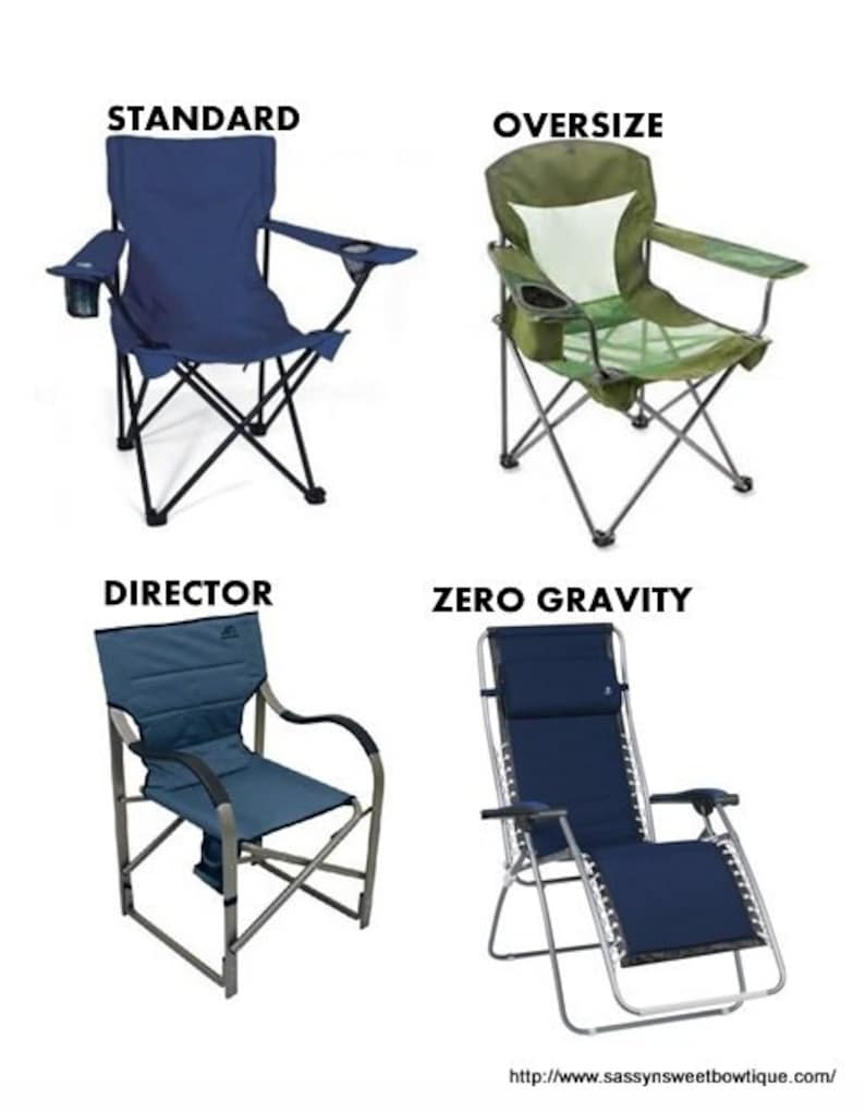 Puede incluir: Cuatro tipos diferentes de sillas plegables: est&aacute;ndar, de gran tama&ntilde;o, de director y de gravedad cero. Las sillas est&aacute;n hechas de metal y tela y est&aacute;n disponibles en azul y verde.