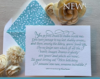 Tarjeta caligráfica y tipográfica impresa para boda, amor y romance