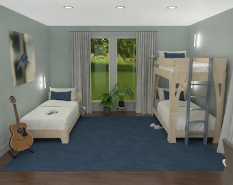 Litera doble XL para adultos con sofá cama adyacente en madera de abedul multicapa: diseño moderno que ahorra espacio.