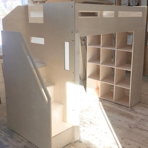 Brooklyn Twin Adult Loft Bed with open cubed shelving!