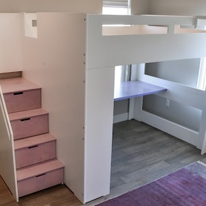 Queen Loft Bed in lavender and white