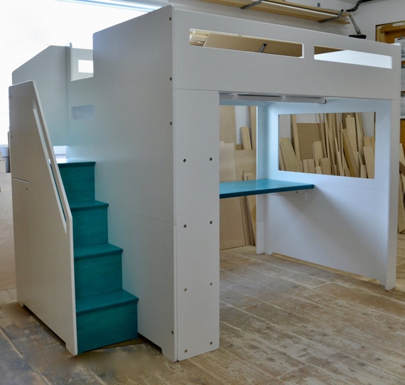 full size loft bed with stairs and storage