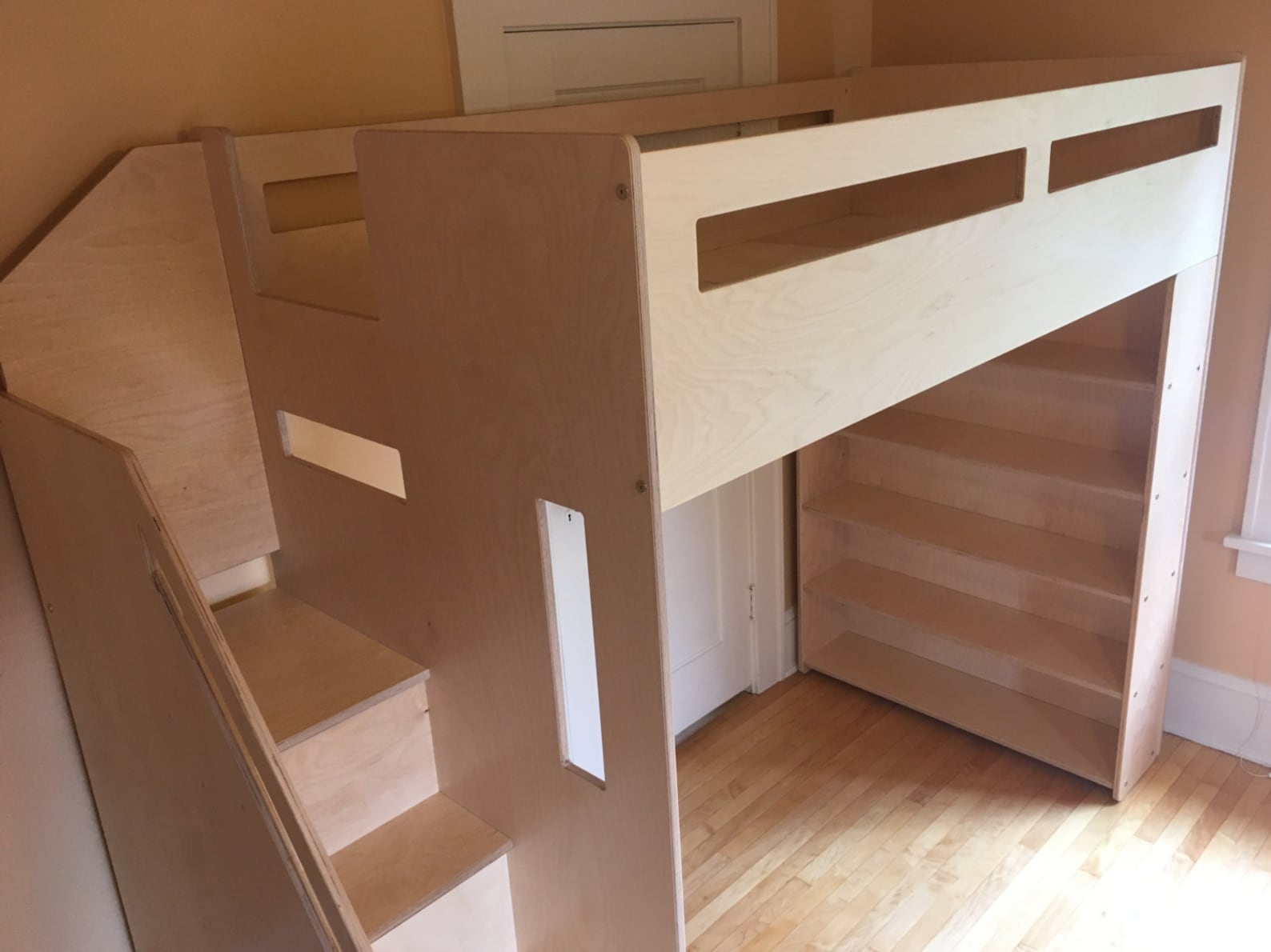 Loft bed with storage shelves and staircase Etsy