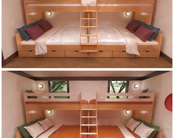 Habitación con literas diseñada para Hawái, con camas individuales XL sobre literas tamaño Queen, bellamente teñidas y con mucho espacio de almacenamiento.