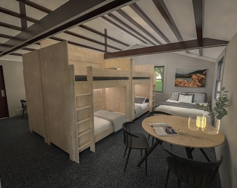 Hostal Lodge con literas privadas para adultos, paquete de diseño de interiores, renders y muebles a medida, literas tipo cápsula, habitación con literas