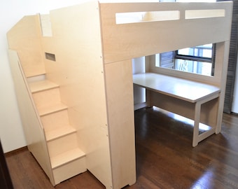 Cama alta tipo loft Seattle Adult Queen con estudio y espacio de almacenamiento