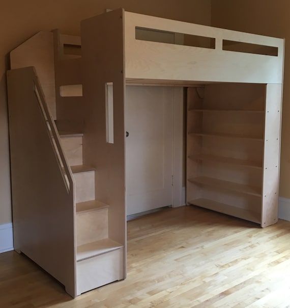 Portland Loft bed with storage shelves and staircase Etsy