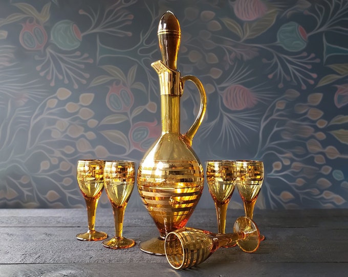Vintage Amber Glass Decanter Set Gold Stripes Decanter & 5 Glasses Etsy