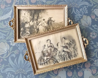 Framed Victorian Print Wall Hangings - Small Vanity Trays - Gold Wooden Frame - Vintage Artwood Product