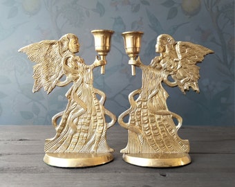 Pair Brass Angel Candlestick Candle Holders - Vintage Jainson