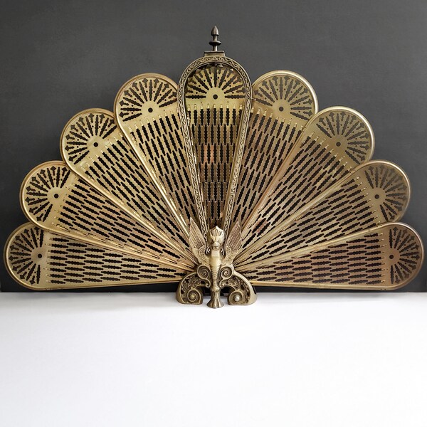 Brass Fireplace Screen - Peacock Fan - Mythical Winged Hybrid Creature - Oriental Fire Screen - Phoenix Dragon Griffin - Vintage