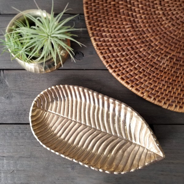 Brass Leaf or Feather Catchall Dish - Gold Trinket Dish - Vintage