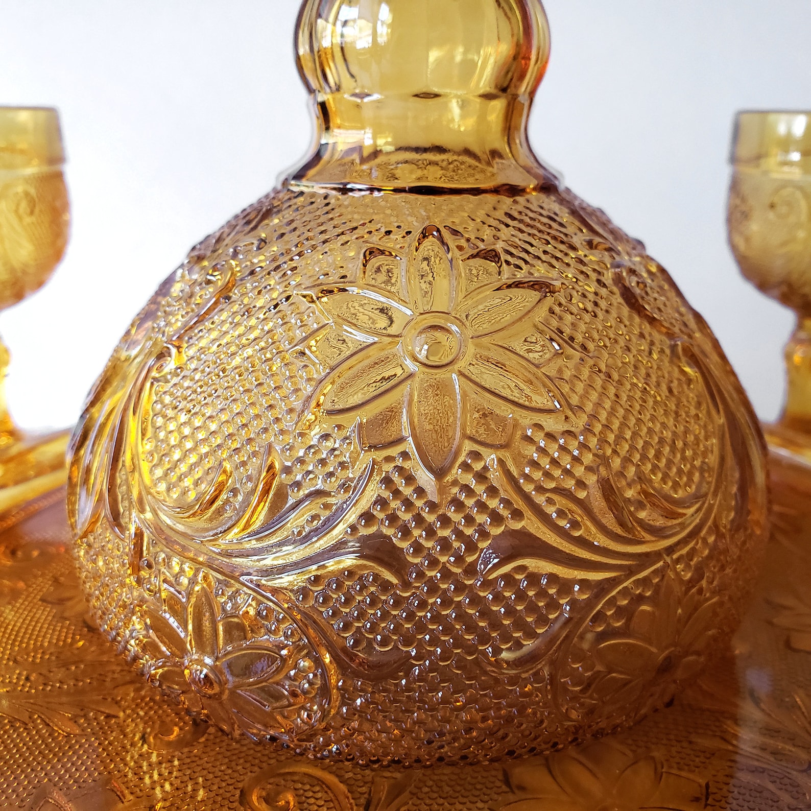 Vintage Amber Glass Decanter Set Tiara Sandwich Pattern Etsy