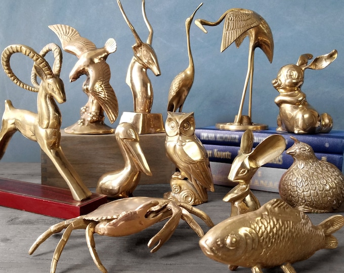 Assorted Brass Animal Figurines med/lg Crab Box, Crane, Fish, Bunny