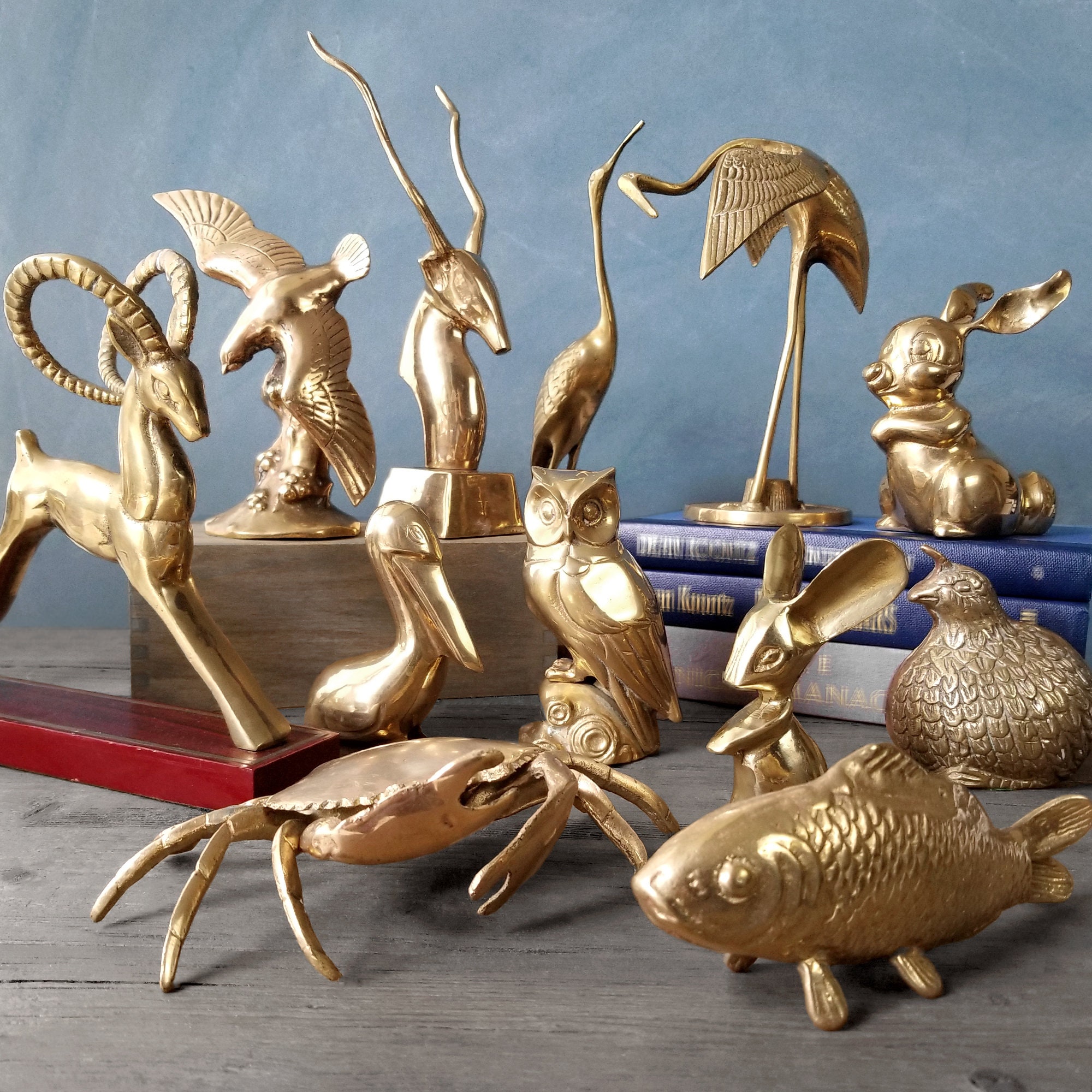 Assorted Brass Animal Figurines med/lg Crab Box, Crane, Fish