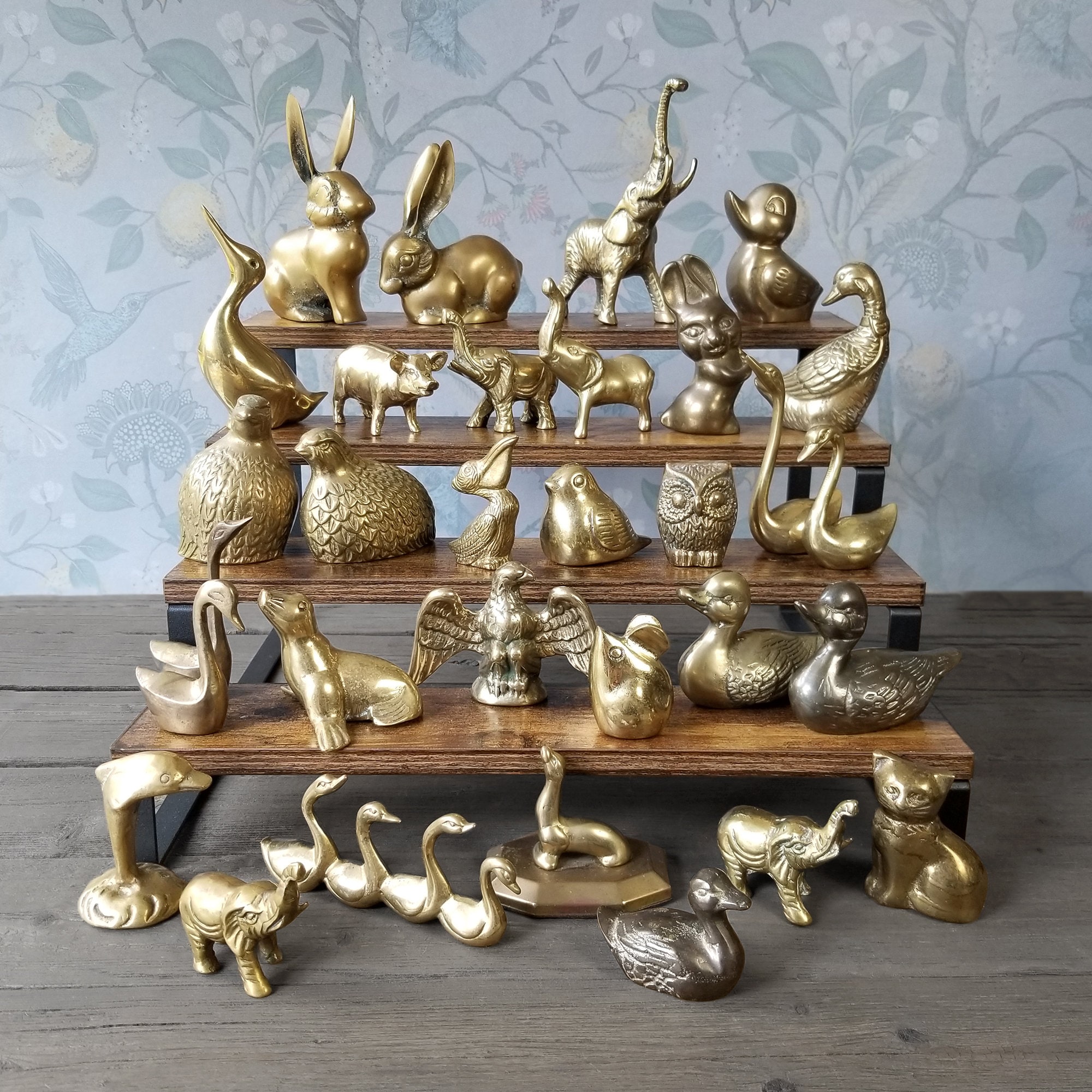 Assorted Brass Animal Figurines Bunny Rabbits, Quail, Owl