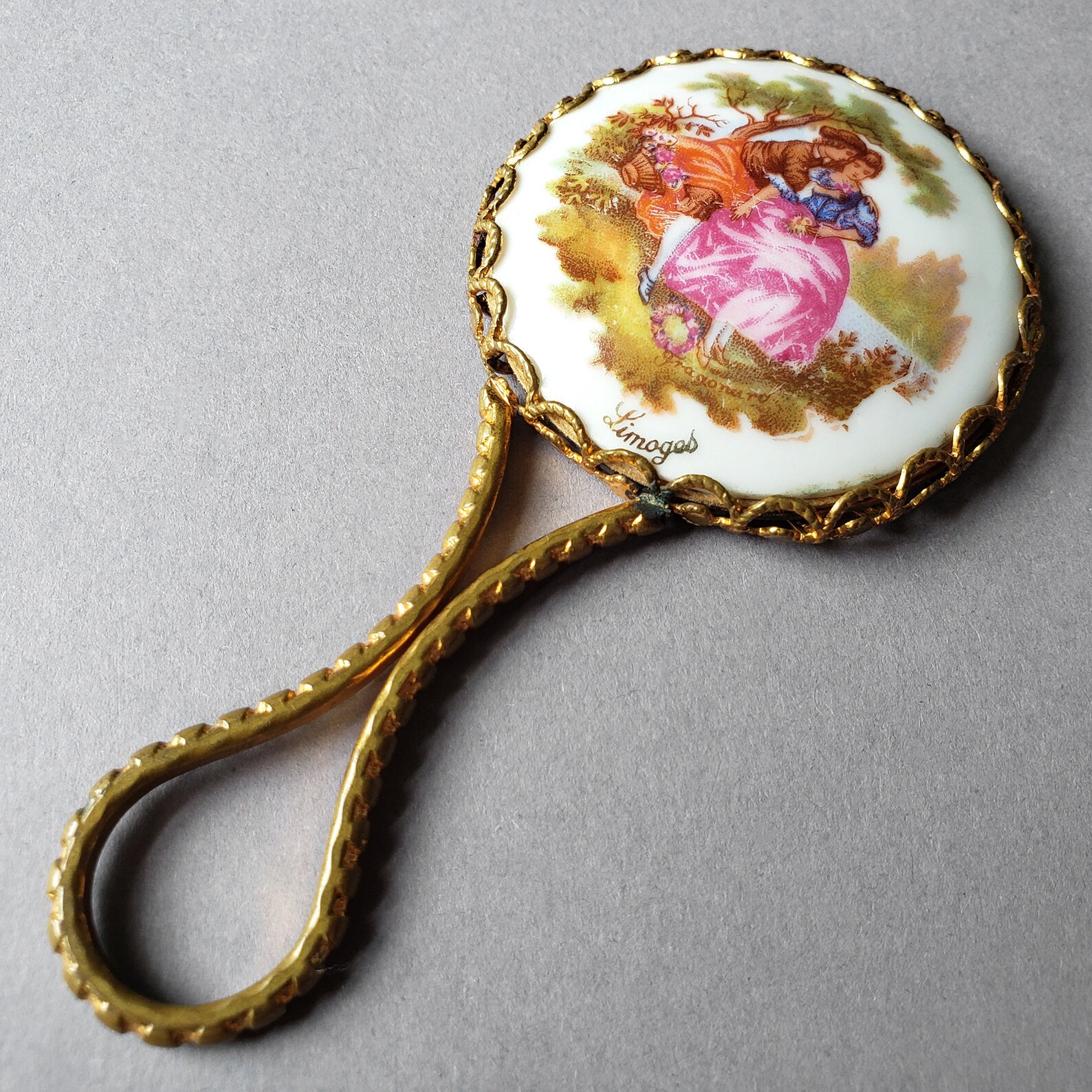 Small Limoges Porcelain Hand Mirror Gold Pocket Mirror Etsy