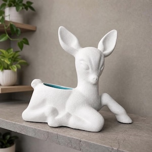 Royal Haeger White Deer Planter - Textured w/ Turquoise Inside - Vintage Pottery