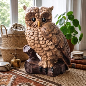 May include: A brown ceramic owl figurine with textured feather details, large black eyes, and a yellow beak, perched on a dark brown log. The owl has a rounded body and detailed plumage, standing as a decorative piece with a naturalistic appearance.