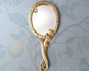 Brass Art Nouveau Hand Mirror - Nude Lady - Vintage Antique