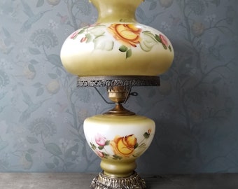 Glass Hurricane Lamp - Hand-Painted Yellow Roses - Floral Electric GWTW Parlor Light - Vintage L&L WMC